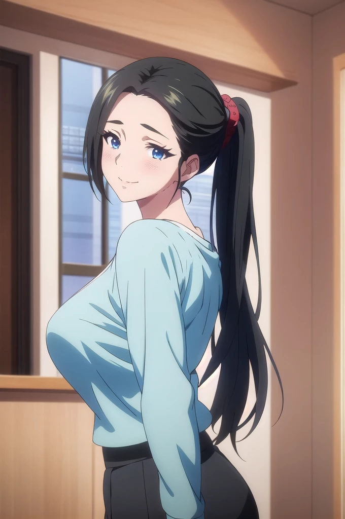 masterpiece, (best quality), 1woman,1girl ,haruhiko_ichijou_mother,  black hair, long hair, ponytail, (blue eyes),casual clothes, (skirt),big breasts ,, ,sexy woman,smile, hair between eyes, long sleeves,closed clothes, embarrassed,blush,  , vibrant colors ,natural lighting  ,RTX,  , beautiful, (detailed face:1.2), showcase, (perfect eyes:1.1) ,(photorealistic:1.1), 8k uhd,  looking at viewer, indoors,  simple backround,