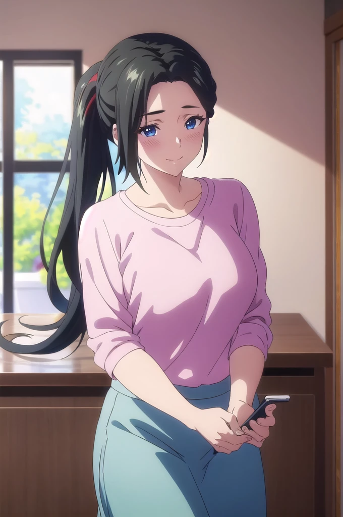 masterpiece, (best quality), 1woman,1girl ,haruhiko_ichijou_mother,  black hair, long hair, ponytail, (blue eyes),casual clothes, (skirt),big breasts ,, ,sexy woman,smile, hair between eyes, long sleeves,closed clothes, embarrassed,blush,  , vibrant colors ,natural lighting  ,RTX,  , beautiful, (detailed face:1.2), showcase, (perfect eyes:1.1) ,(photorealistic:1.1), 8k uhd,  looking at viewer, indoors,  simple backround,