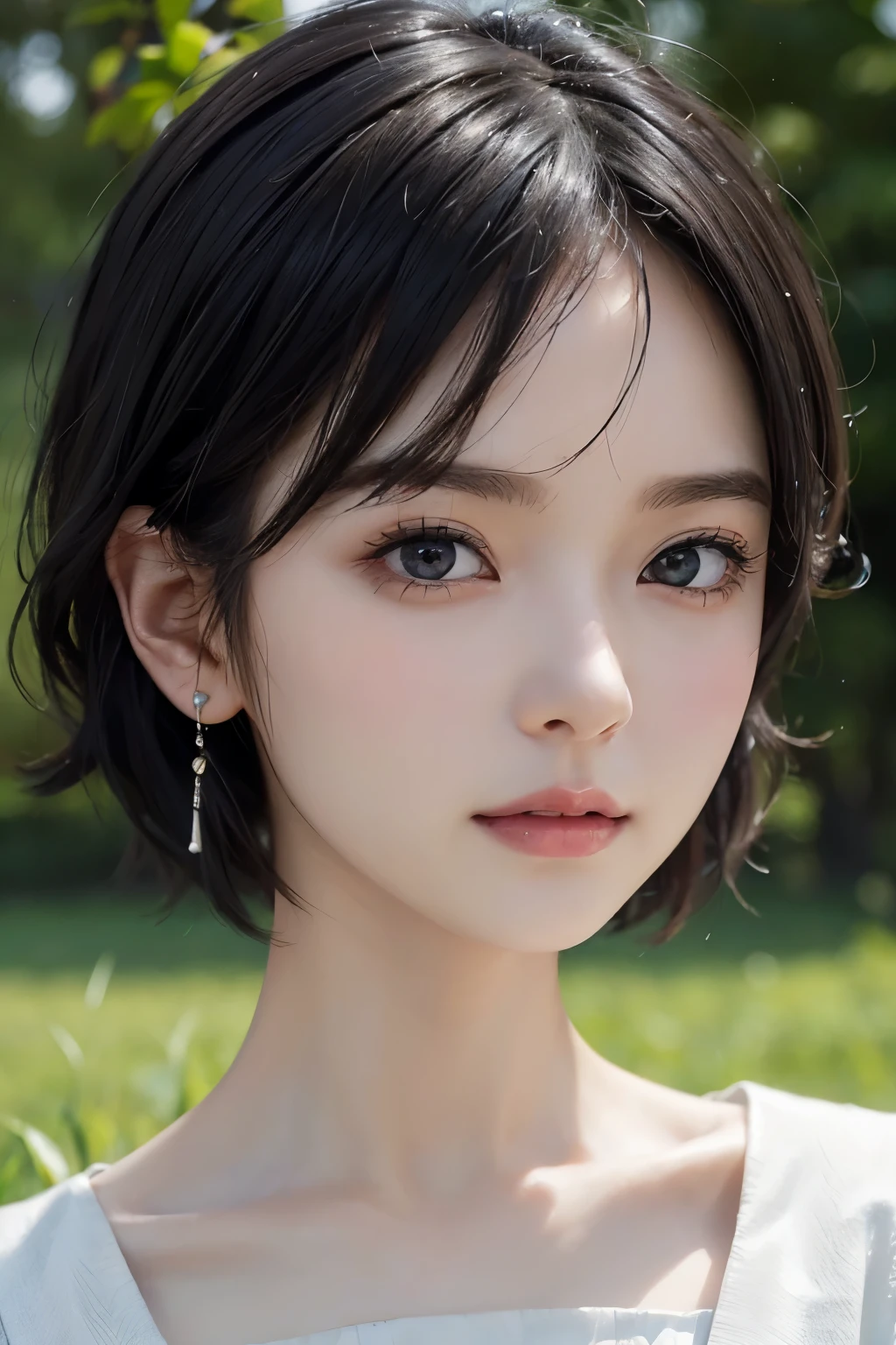 (((Black Short Hair))), (grassland), Seductive pose, 背景がgrassland、Image from chest up:1.6)、Close-up portrait of a woman wearing a white off-the-shoulder top dress and earrings, Soft portrait shot 8k, Nice delicate face, High-quality 4K portraits, High-quality portraits, Soft, perfect, pale skin, 8K Highly Detailed Face, なbeautiful繊細な顔, beautiful光の大きな目, Beautiful and realistic face, beautiful１４Old woman, Beautiful and realistic face, cute１４Old woman