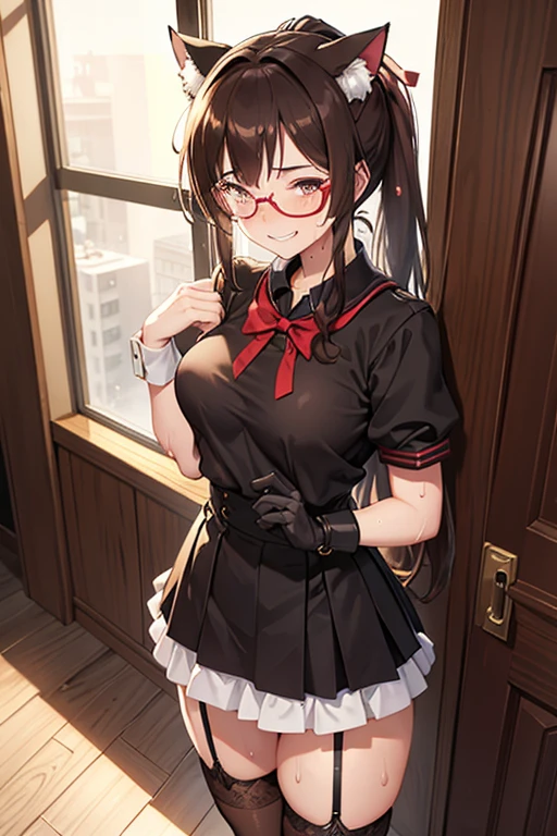 18 yeas old, girl, brown hair, ponytail, slim, big tits, narrow red eyes, cute, cat ears, glasses,
(embarrassed, blush:1), (ecstasy:0.6), (think:1.8), (smile:1.5), (sweat:1.6), school sailor uniform, See-through, ribbon, fishnet, garter belt, frills, Kneesocks, long boots, rose, headdress,
handcuffs, frontal, standing, centet of attention, class room, crowd, many people