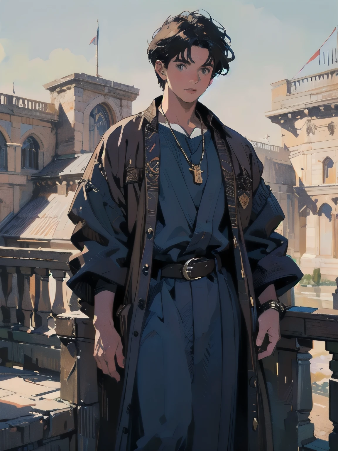 Young man wearing blue robes from medieval Europe, intricate Damascus steel buckle on a brown leather belt,(Highest quality,4K,8k,High resolution,masterpiece:1.2),Super detailed,(Realistic,photoRealistic,photo-Realistic:1.37)