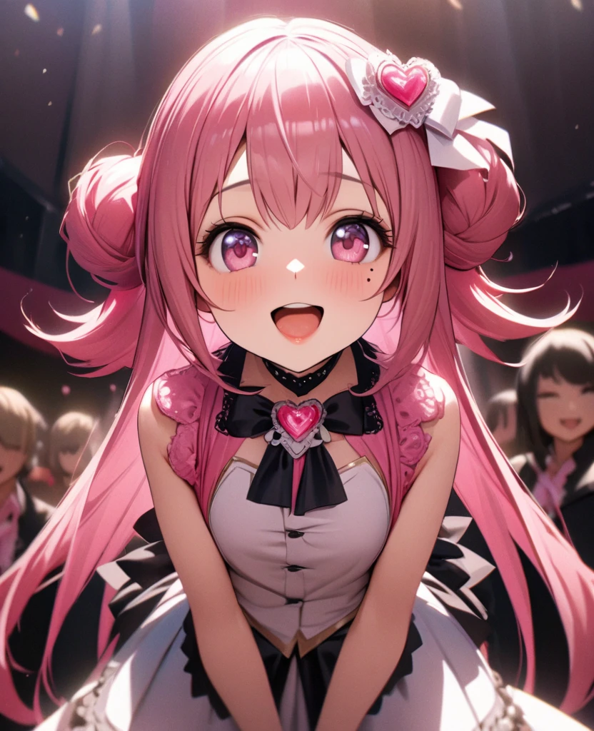 One Girl、Looking at the audience、
Beautiful pink eyes、Pink medium-long hair, Mole under the eye、Plump and glossy lips、Heart-shaped choca、Idol、Her name is Rico,smile、ー、。.。.。.。.。.。.。.。.。.。.。.。.。.。.。.。.。.。.3D、Realistic、
IDOL costumes、Short skirt,Drape clothes、gem、The decoration has been removed、Floral、Lace trim,On a glittering stage、
masterpiece、highest quality、8k、Detailed skin texture、Detailed cloth texture、Beautifully detailed face、Intricate details、Very detailed、
超A high resolution、8k Ultra HD、Film Grain、Best Shadow、delicate、Gazing at the audience、front