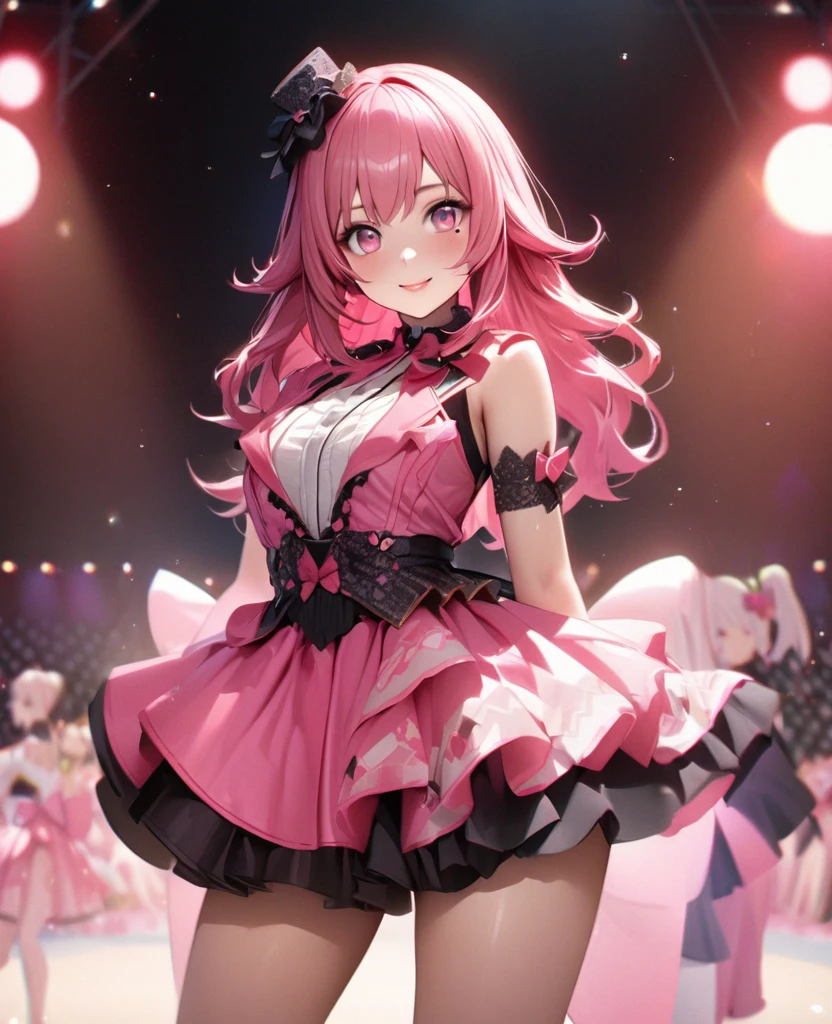 One Girl、Looking at the audience、
Beautiful pink eyes、Pink medium-long hair, Mole under the eye、Plump and glossy lips、Heart-shaped choca、Idol、Her name is Rico,smile、ー、。.。.。.。.。.。.。.。.。.。.。.。.。.。.。.。.。.。.3D、Realistic、
IDOL costumes、Short skirt,Drape clothes、gem、The decoration has been removed、Floral、Lace trim,On a glittering stage、
masterpiece、highest quality、8k、Detailed skin texture、Detailed cloth texture、Beautifully detailed face、Intricate details、Very detailed、
超A high resolution、8k Ultra HD、Film Grain、Best Shadow、delicate、Gazing at the audience、front