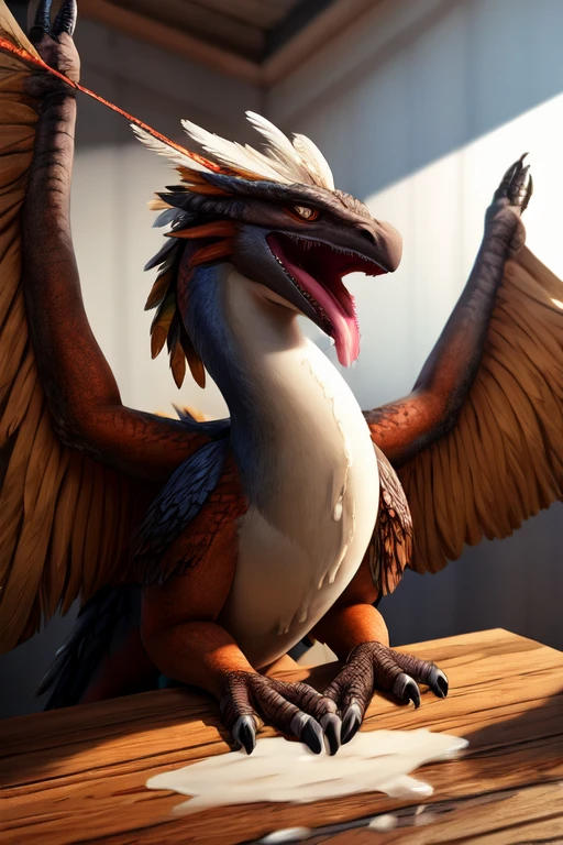Tiny Dead, feathered wyvern body laying on the table. Wings spread out and Strapped to the table. Mouth wide open with no teeth and fangs and tooth, close up. Milk dripping out of mouth splattering onto the table. Milk splatter on top of head. Photorealistic. Head tied down to the edge of the table