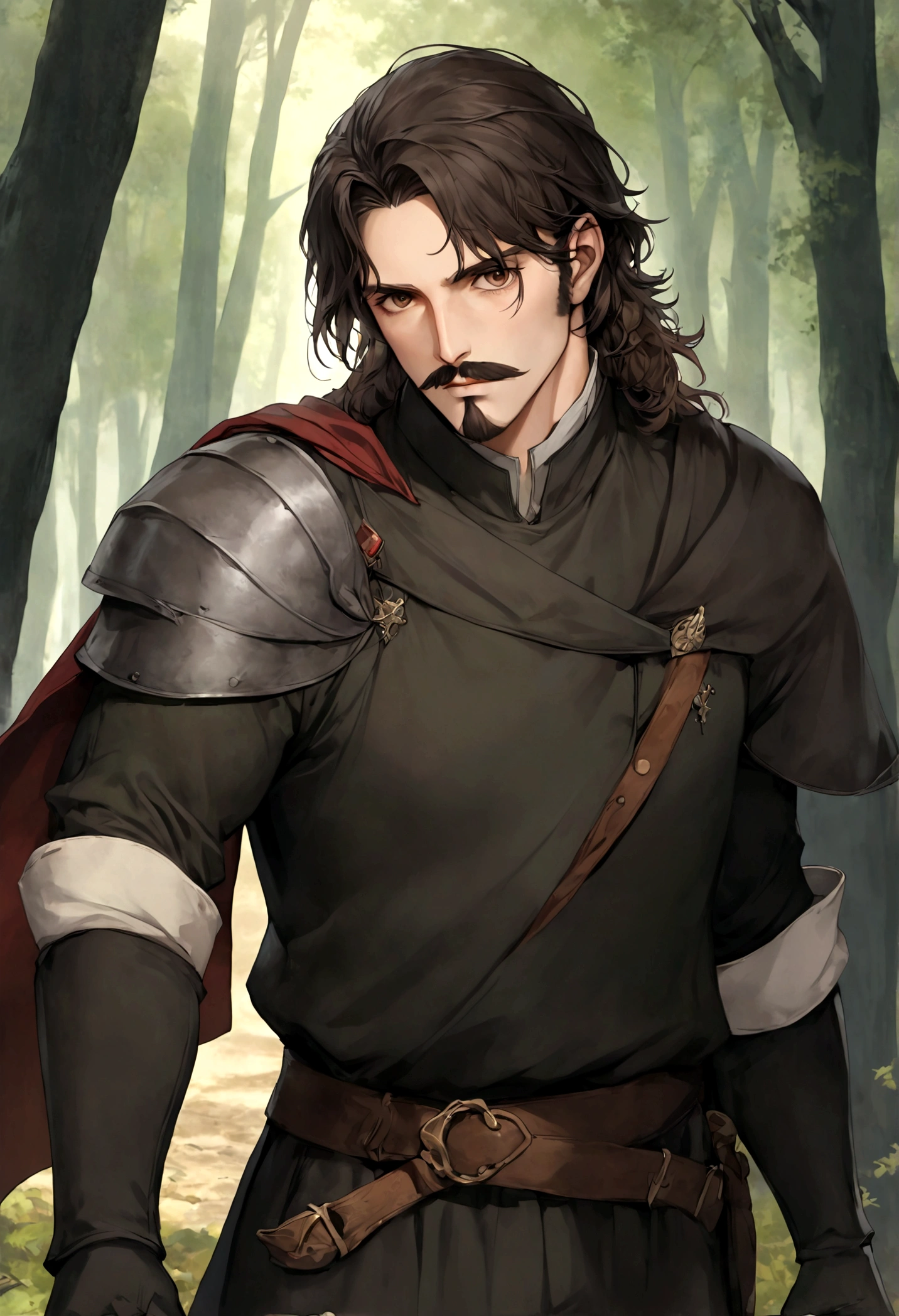(Una gran armadura medieval para hombre), ), ((bigote estilo Van Dyke y (barba de chivo) "Van Dyke", Van Dyke beard)), (light brown eyes), Aspecto atractivo y serio, ((cabello muy largo oscuro, messy hair)), Elegante y con estilo, armadura, Un hombre maduro similar al actor Jim Morrison con el cabello largo, ((cabello muy largo)), (Imagen realista y de alta calidad), campamento medieval en las afueras, un bosque al rededor, ((La mejor calidad, 8K, obra maestra).((dynamic pose with forward gaze, viendo al espectador)), (cabello largo pasando los hombros)