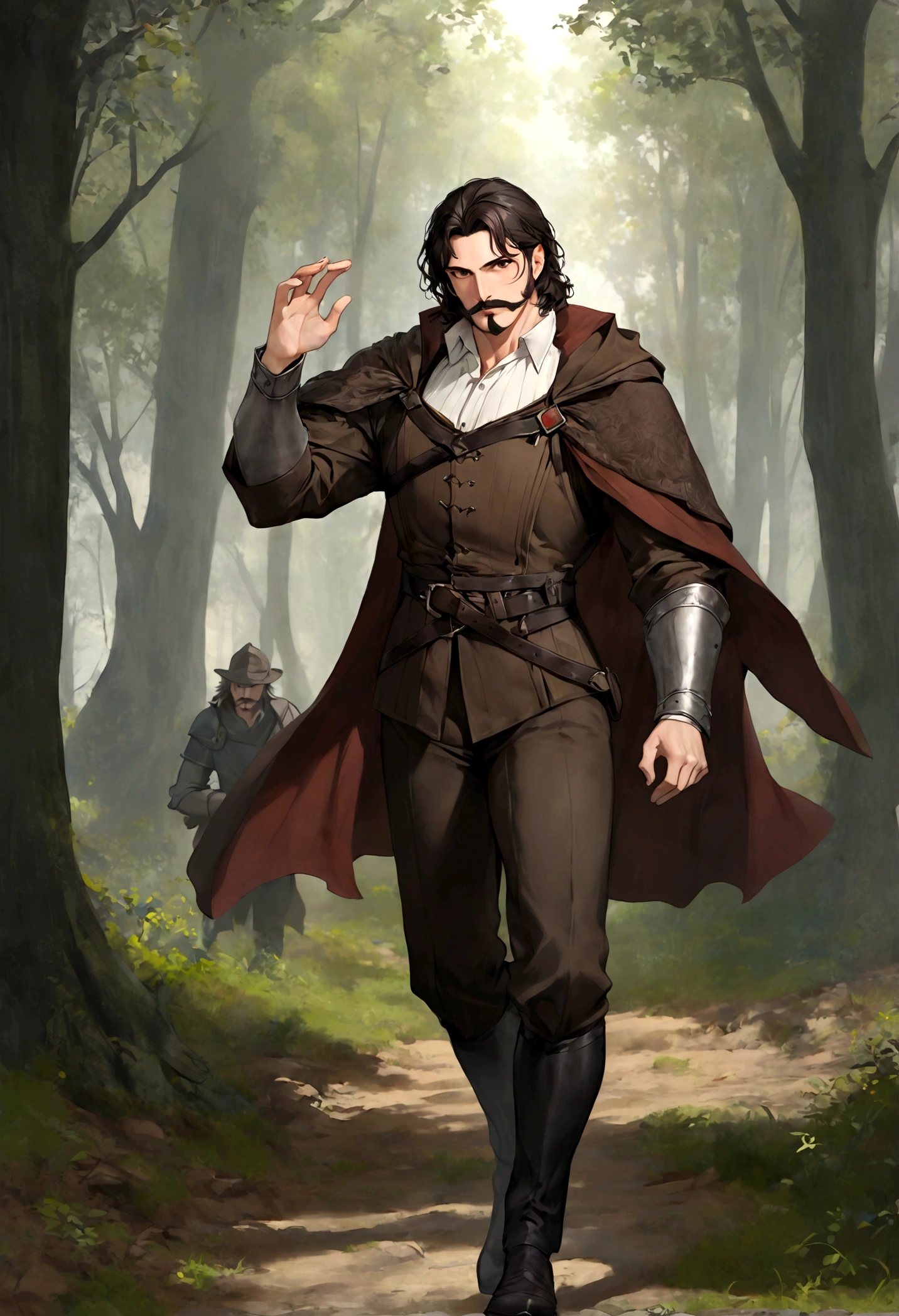 (Una gran armadura medieval para hombre), ), ((bigote estilo Van Dyke y (barba de chivo) "Van Dyke", Van Dyke beard)), (light brown eyes), Aspecto atractivo y serio, ((cabello muy largo oscuro, messy hair)), Elegante y con estilo, armadura, Un hombre maduro similar al actor Jim Morrison con el cabello largo, ((cabello muy largo)), (Imagen realista y de alta calidad), campamento medieval en las afueras, un bosque al rededor, ((La mejor calidad, 8K, obra maestra).((dynamic pose with forward gaze, viendo al espectador)), (cabello largo pasando los hombros)