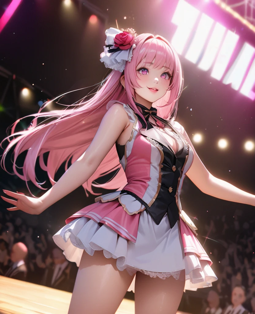 One Girl、Looking at the audience、
Beautiful pink eyes、Pink medium-long hair, Mole under the eye、Plump and glossy lips、Heart-shaped choca、Idol、Her name is Rico,smile、ー、。.。.。.。.。.。.。.。.。.。.。.。.。.。.。.。.。.。.3D、Realistic、
IDOL costumes、Short skirt,Drape clothes、gem、The decoration has been removed、Floral、Lace trim,On a glittering stage、
masterpiece、highest quality、8k、Detailed skin texture、Detailed cloth texture、Beautifully detailed face、Intricate details、Very detailed、
超A high resolution、8k Ultra HD、Film Grain、Best Shadow、delicate、Gazing at the audience、front