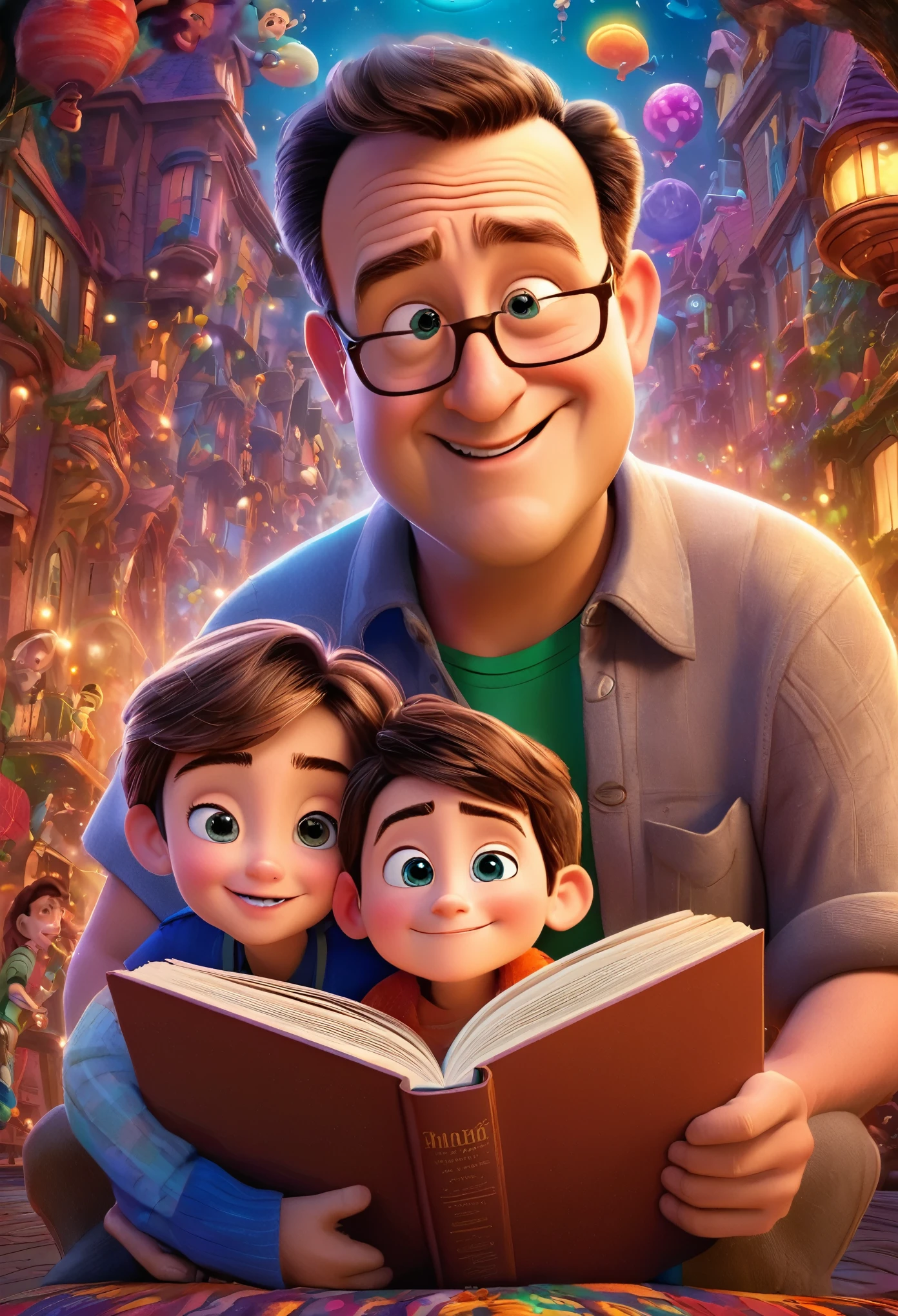 (wide amgle:1.2),(bright and vibrant colors), (highres), (realistic:1.37), Disney Pixar Movie poster, (art by Kevin James), skinny, no muscle, (55 years old man and his son),father and son, (beautiful detailed eyes:1.1), (beautiful detailed lips:1.1), smiling with a warm expression, (charming appearance:1.1), (professional lighting), (ultra-fine rendering), upper body shot, (expressive facial features:1.1), reading a book to the son, (reading intently:1.1), surrounded by magical elements representing different Pixar movies, (dynamic composition), (whimsical details), (playful characters), vibrant background, filled with color and joy, (3D render), (fantastical art style), (nostalgic aesthetic), (attention to detail:1.1).
