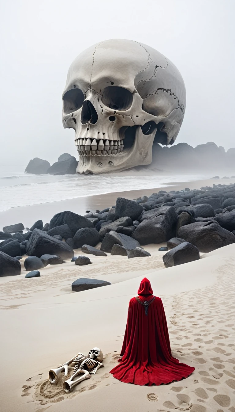 (A giant skull lies on the sand), an eerie beach scene shrouded in fog. The human bones are huge, weathered, and partially buried in the sand. In the foreground, a figure in a red cape stands with his back to the viewer, staring at the skeleton. The atmosphere is mysterious and surreal, and fog obscures the distant background.