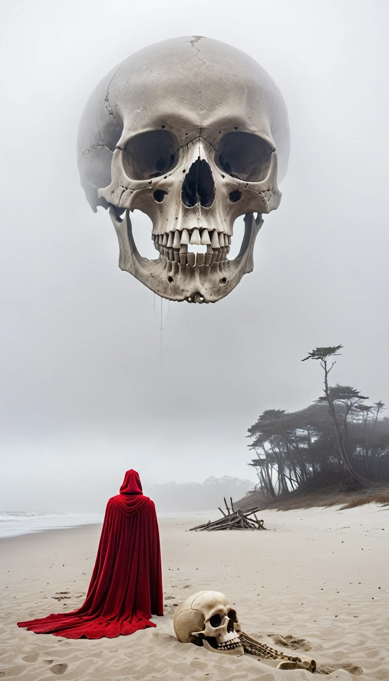 (A giant skull lies on the sand), an eerie beach scene shrouded in fog. The human bones are huge, weathered, and partially buried in the sand. In the foreground, a figure in a red cape stands with his back to the viewer, staring at the skeleton. The atmosphere is mysterious and surreal, and fog obscures the distant background.