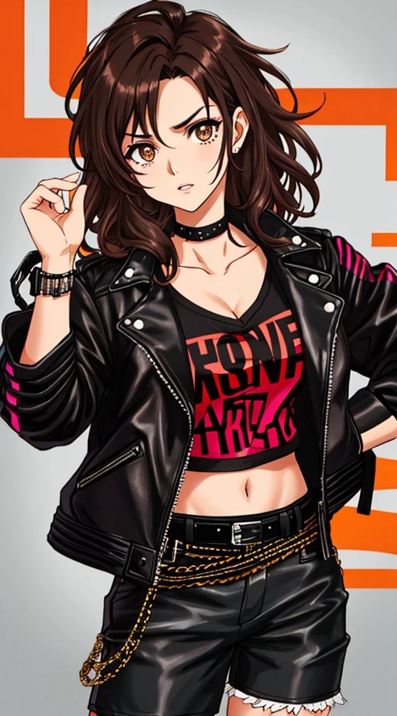 dark brown hair, slightly disheveled, creating a rebellious look honey eyes, intense and expressive, highlighting your strong personality wearing punk clothes, adorn leather jacket, opening jacket