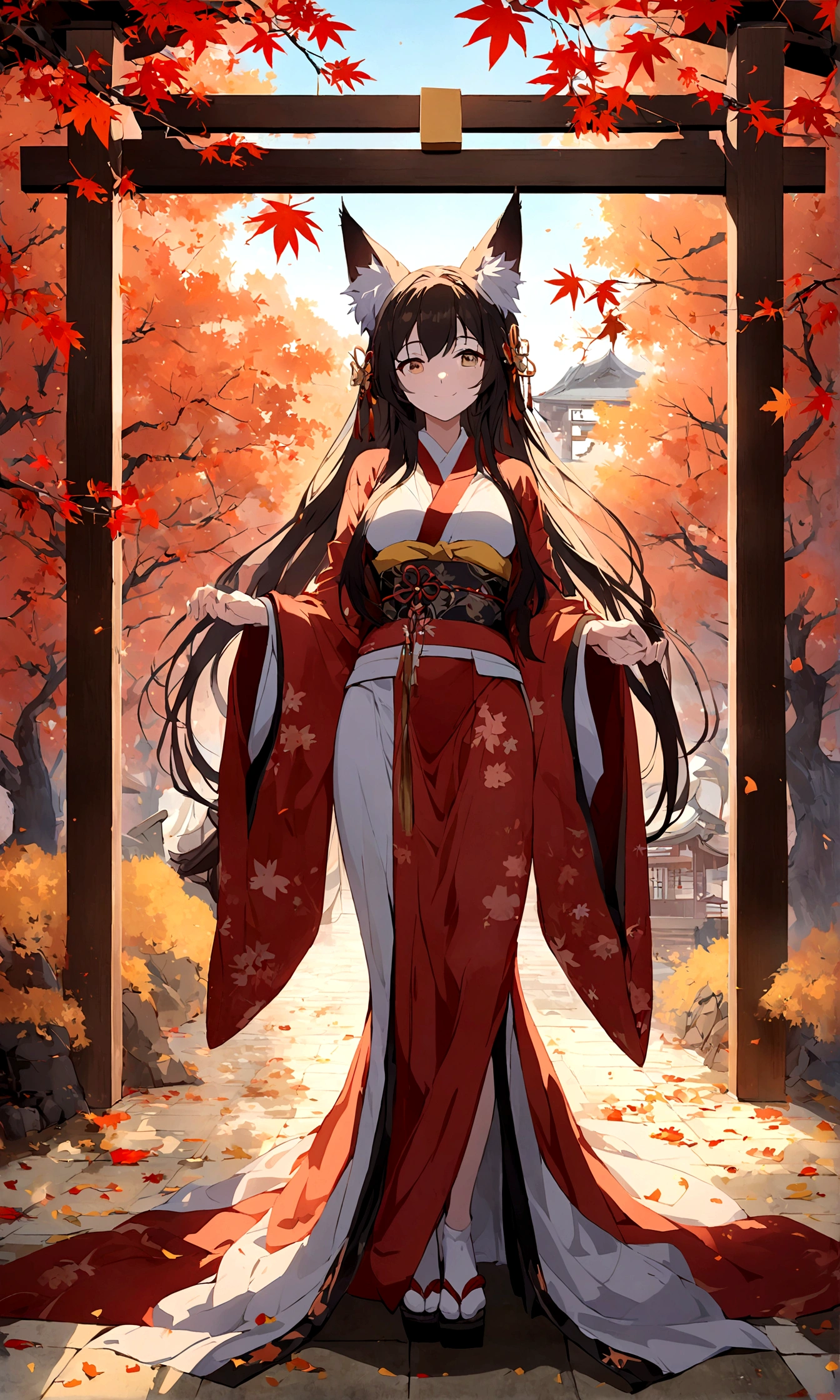 (Fox ears),Mature and elegant,Elegant and mysterious,身穿kimono的女性、Long hair,(kimono,White tabi and geta),shrine,Shrine maiden,Gentle smile,美丽的shrine风景,Autumn,maple,Anime Background,Japanese art style,fallen leaves