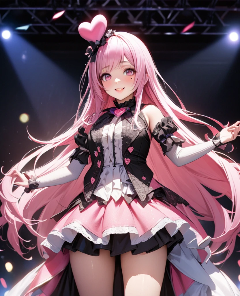 One Girl、Looking at the audience、
Beautiful pink eyes、Pink medium-long hair, Mole under the eye、Plump and glossy lips、Heart-shaped choca、Idol、Her name is Rico,smile、ー、。.。.。.。.。.。.。.。.。.。.。.。.。.。.。.。.。.。.3D、Realistic、
IDOL costumes、Short skirt,Drape clothes、gem、The decoration has been removed、Floral、Lace trim,On a glittering stage、
masterpiece、highest quality、8k、Detailed skin texture、Detailed cloth texture、Beautifully detailed face、Intricate details、Very detailed、
超A high resolution、8k Ultra HD、Film Grain、Best Shadow、delicate、Gazing at the audience、front
