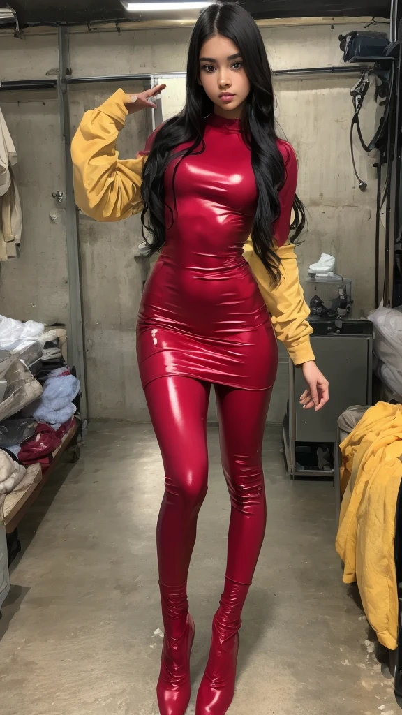 12 year old ager, full body, beautiful eyes, wavy brown hair, short red latex dress tight to the body. Standing looking at the viewer, expression of desire.