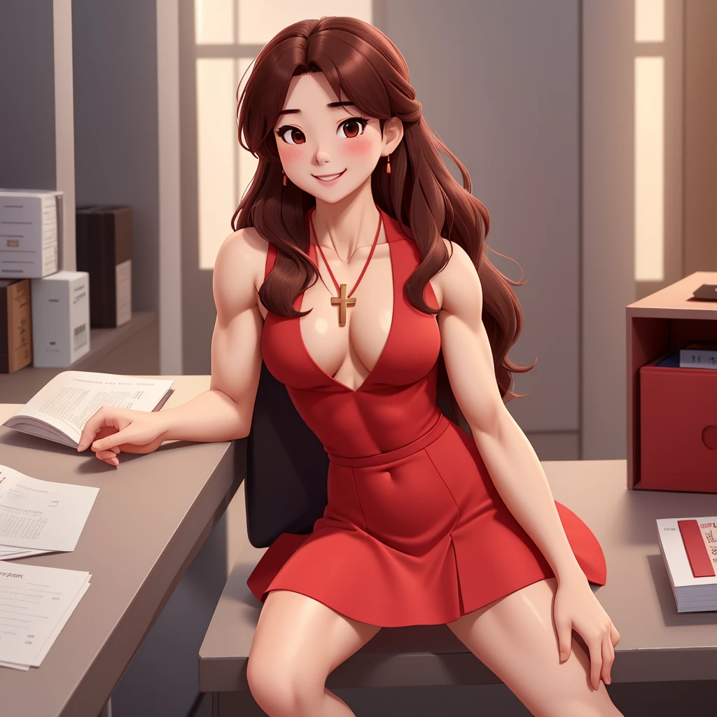 attractive korean woman, ripped muscle, muscular body, small breast, pale skin, smile(blush), red dress, cross necklace, sixpack abs, [ultra detailed skin:1.2], brown hair, long wavy hair, 8k uhd, pussy, full body, crowd, public, night, office, sitting,