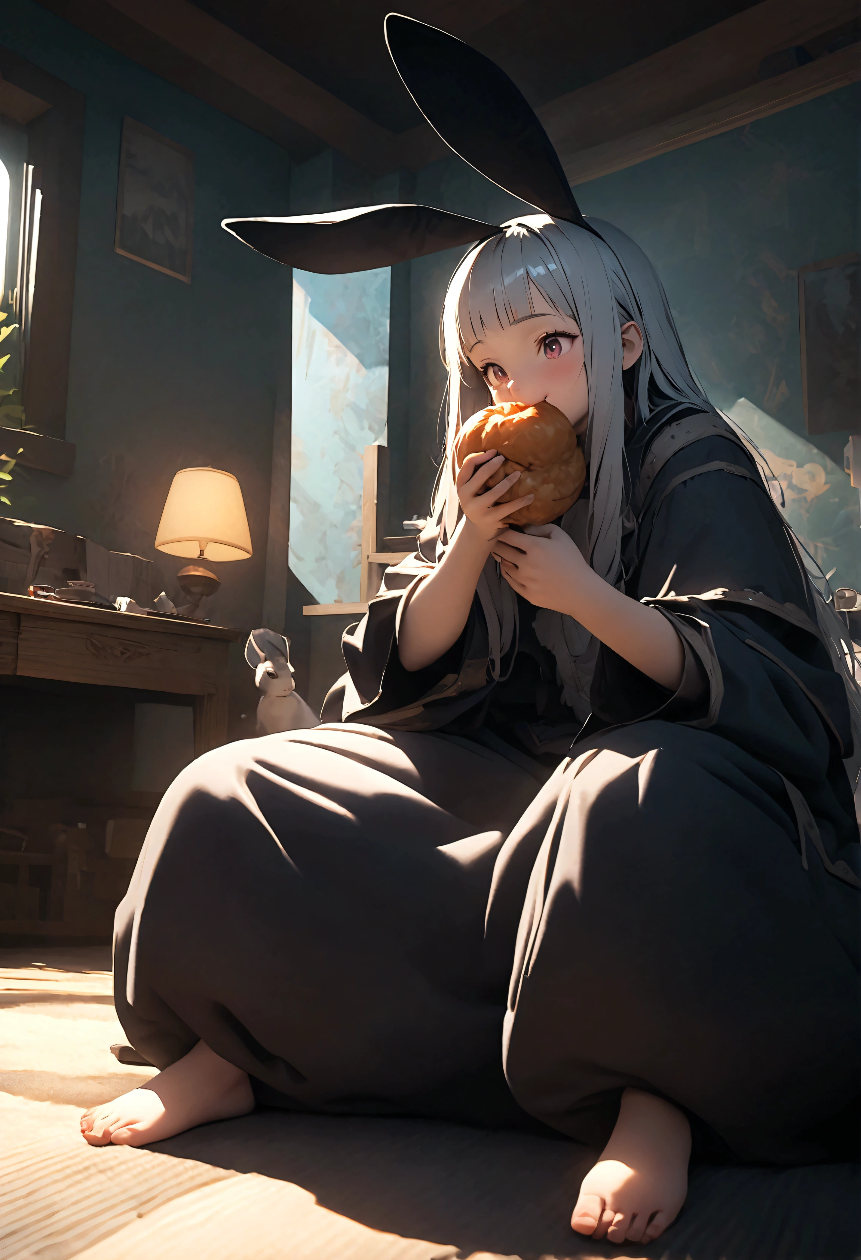 Nanaki\(Made in Abyss,male,Lovely,hairy,have,Rabbit ears,Silver Hair,long hair,Baggy pants,Tail,Smile\)Sitting and eating weird food,Beautiful nature, You can see strange and chaotic large animals from far away,, rest ,quality\(8K,wallpaper of extremely deTailed CG unit, masterpiece,High resolution,top-quality,top-quality real texture skin,Surrealism,Improve resolution,RAW photos,Best quality,highly deTailed,wallpaper,movie lighting,Ray Tracing,Golden Ratio\),close up Nanaki