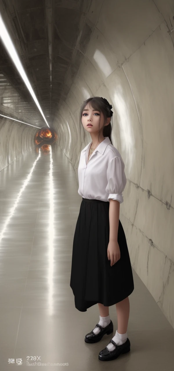 masterpiece,best quality, illustration,{beautiful detailed girl},beautiful detailed glow,(flames of war:1.2),(nuclear explosion behide:1.3),rain,detailed lighting,detailed water,(beautiful detailed eyes:1.1),expressionless,palace,azure hair,disheveled hair,long bangs,hairs between eyes,(whitegrey dress:1.1),black ribbon,white bowties,midriff,big forhead,blank stare,flower,long sleeves