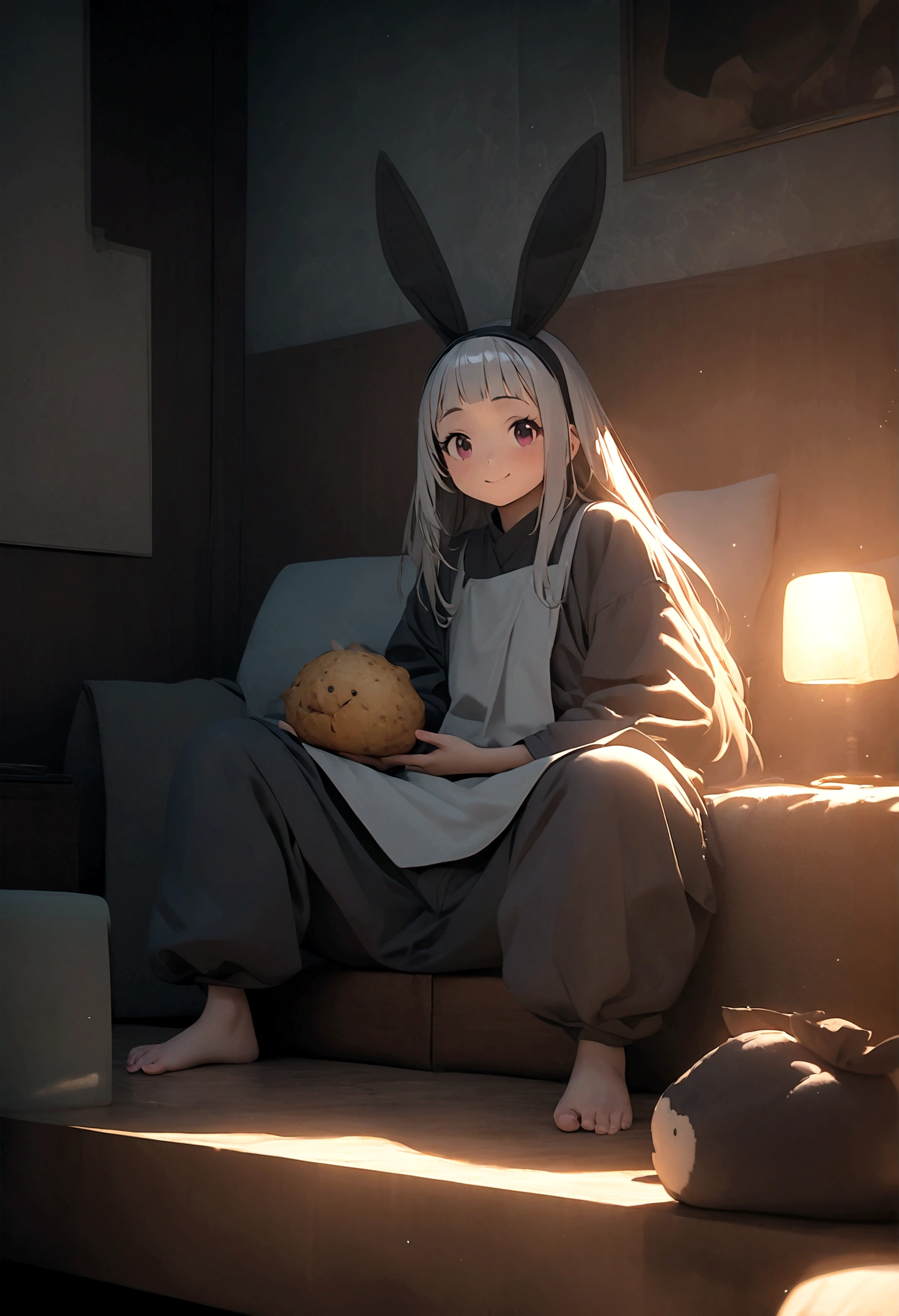 Nanaki\(Made in Abyss,male,Lovely,hairy,have,Rabbit ears,Silver Hair,long hair,Baggy pants,Tail,Smile\)Sitting and eating weird food,Beautiful nature, You can see strange and chaotic large animals from far away,, rest ,quality\(8K,wallpaper of extremely deTailed CG unit, masterpiece,High resolution,top-quality,top-quality real texture skin,Surrealism,Improve resolution,RAW photos,Best quality,highly deTailed,wallpaper,movie lighting,Ray Tracing,Golden Ratio\),close up Nanaki