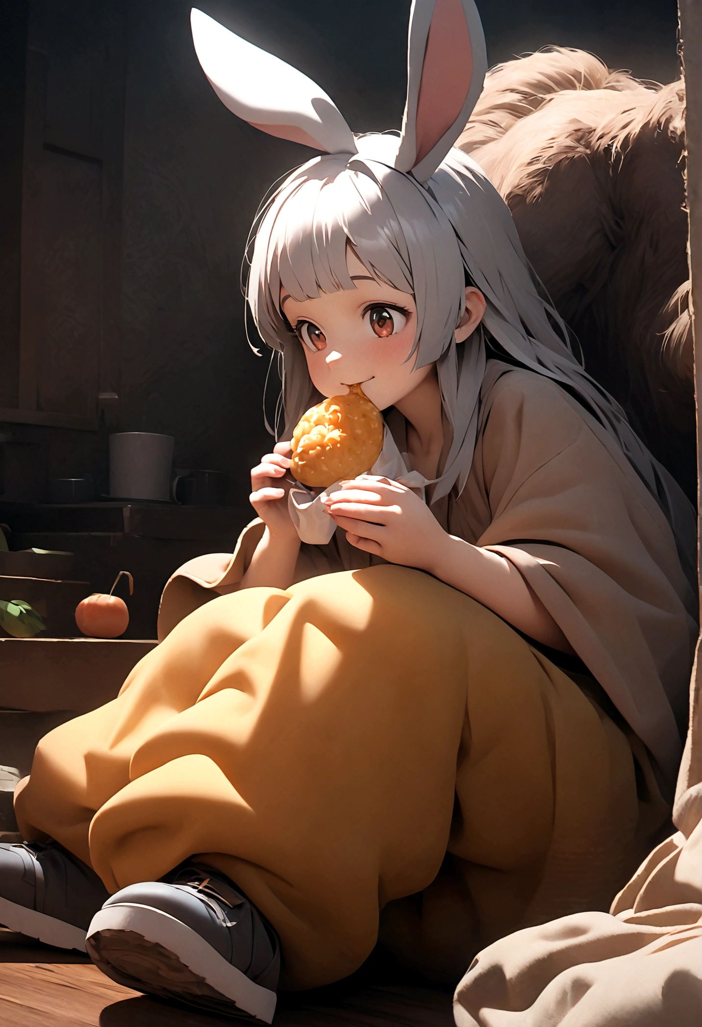 Nanaki\(Made in Abyss,male,Lovely,hairy,have,Rabbit ears,Silver Hair,long hair,Baggy pants,Tail,Smile\)Sitting and eating weird food,Beautiful nature, You can see strange and chaotic large animals from far away,, rest ,quality\(8K,wallpaper of extremely deTailed CG unit, masterpiece,High resolution,top-quality,top-quality real texture skin,Surrealism,Improve resolution,RAW photos,Best quality,highly deTailed,wallpaper,movie lighting,Ray Tracing,Golden Ratio\),close up Nanaki
