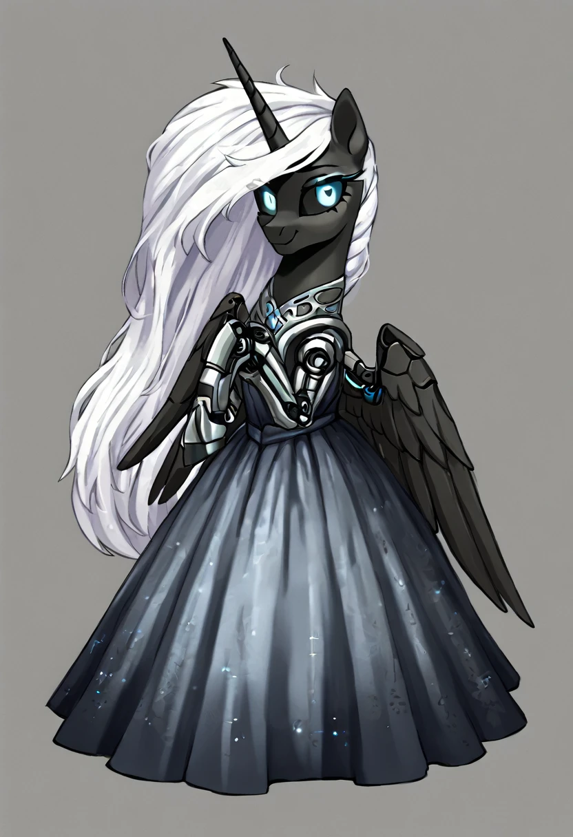 Alicorn, white mane,light blue cybernetic eyes, cybernetic body,black sclera ,black body color  long mane ,princess beautiful dress pony smiling 