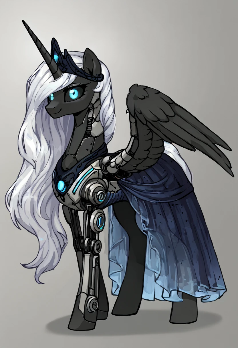 Alicorn, white mane,light blue cybernetic eyes, cybernetic body,black sclera ,black body color long mane ,princess beautiful dress pony smiling