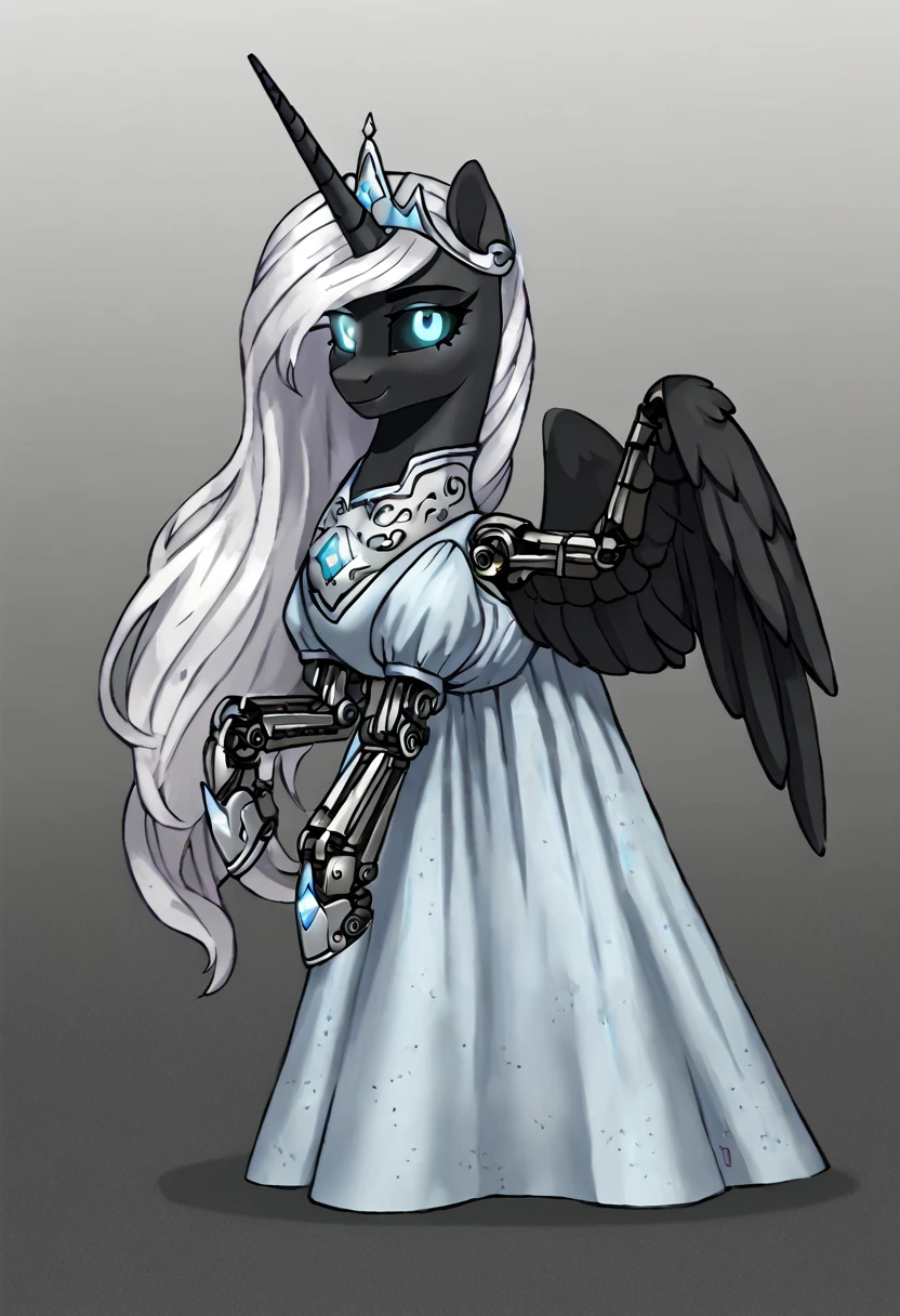 Alicorn, white mane,light blue cybernetic eyes, cybernetic body,black sclera ,black body color  long mane ,princess beautiful dress pony smiling 