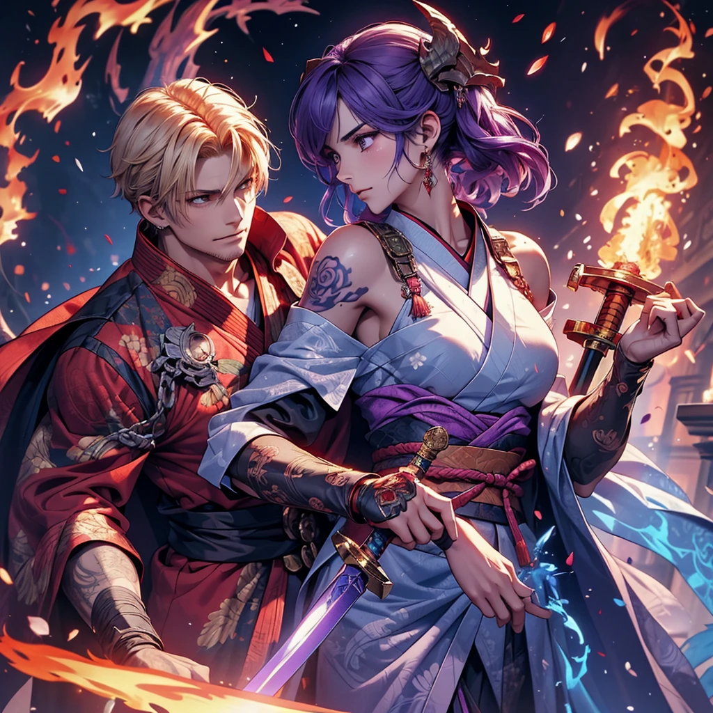 beautiful angel fighting with demon, tattoo, fire, sword, kimono, demon, many shades of purple and blue