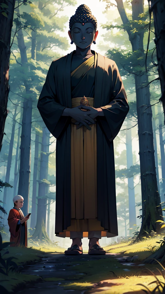 Lord Buddha standing in the middle of the forest and explaining to a young man