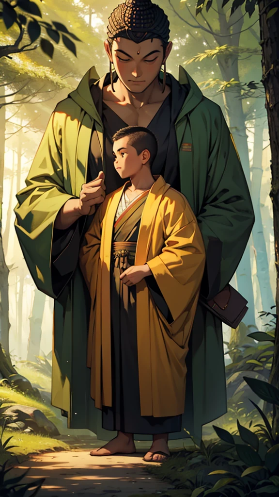 Lord Buddha standing in the middle of the forest and explaining to a young man