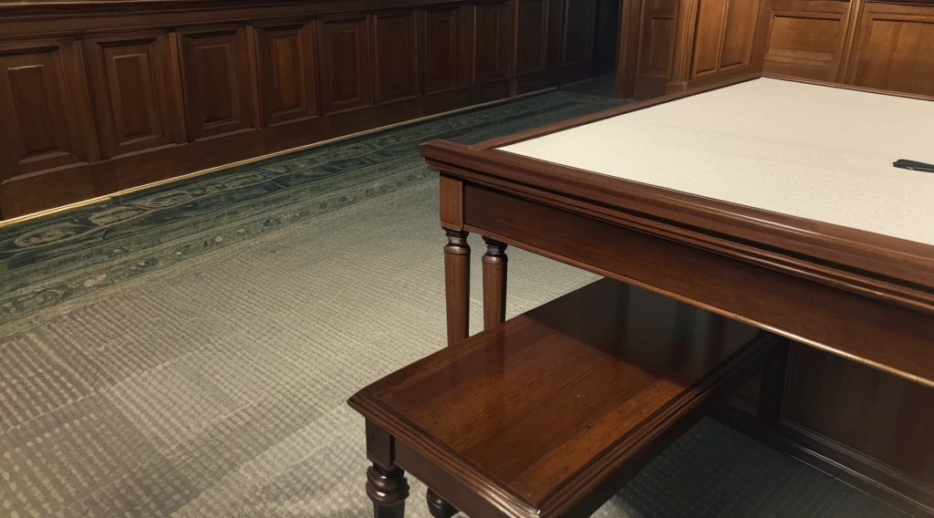 (Best Quality,4K,8k,High resolution,masterpiece:1.2),Ultra-detailed,(Realist,fotorRealist,fotorRealist:1.37),In the courtroom,Nobody is here,Angle from the gallery,anxiety,fear,There are no windows.,The altar in front,Witness stand in front,室内にThere are no windows.,A long desk,