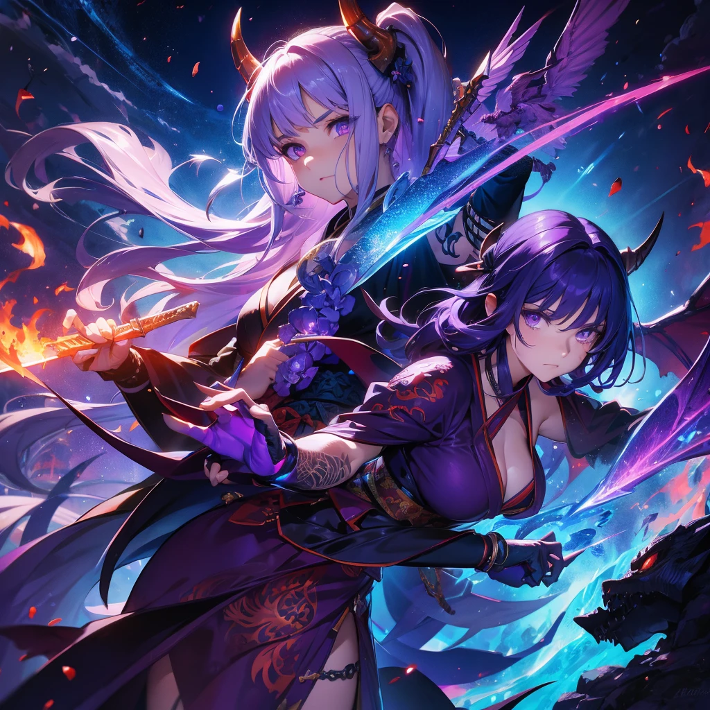 beautiful angel fighting with dragon demon, tattoo, fire, sword, kimono, demon, many shades of purple and blue