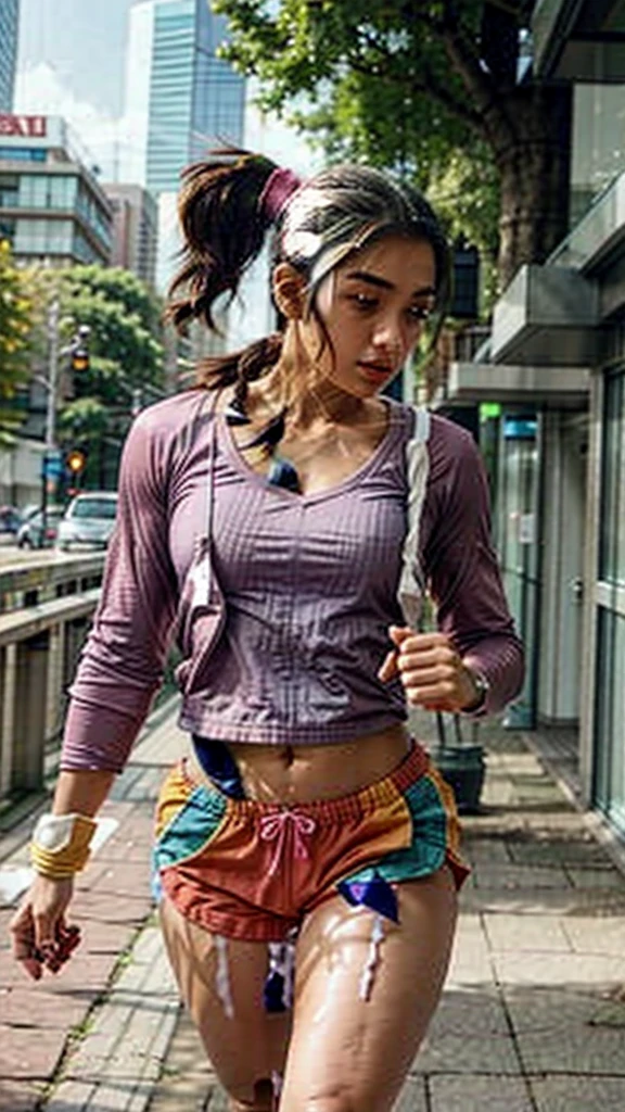 1 girl, solo, running, Gray Track Top, pink shorts, revealing outfit, deep cleavage, ponytail, athletic build, dynamic brushstrokes, fluid movement, capturing the essence of her athleticism and energy, using light colors and soft tones to create a dreamy and ethereal atmosphere, portraying the motion and grace of running, showing the wind blowing her ponytail and clothes, and the scenery of her surroundings, outdoors, detailed background, Modern metropolis,