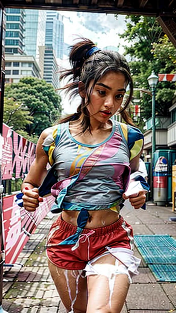 1 girl, solo, running, Gray Track Top, pink shorts, revealing outfit, deep cleavage, ponytail, athletic build, dynamic brushstrokes, fluid movement, capturing the essence of her athleticism and energy, using light colors and soft tones to create a dreamy and ethereal atmosphere, portraying the motion and grace of running, showing the wind blowing her ponytail and clothes, and the scenery of her surroundings, outdoors, detailed background, Modern metropolis,