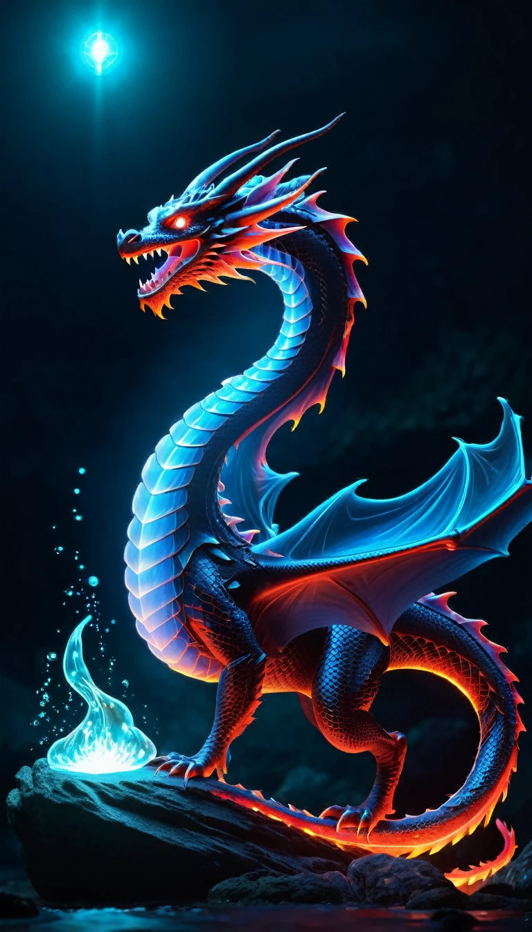 Glowing red fire dragon with bioluminescence