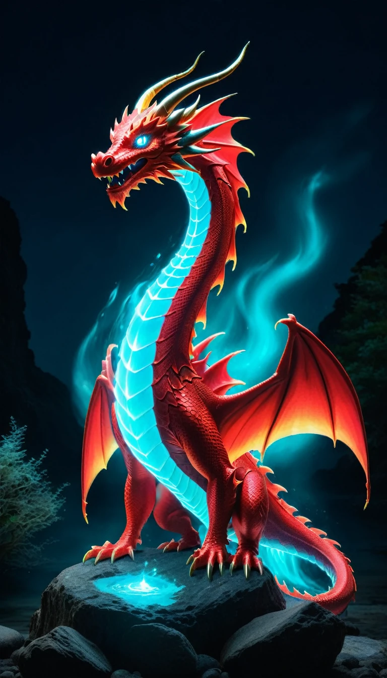 Glowing red fire dragon with bioluminescence 