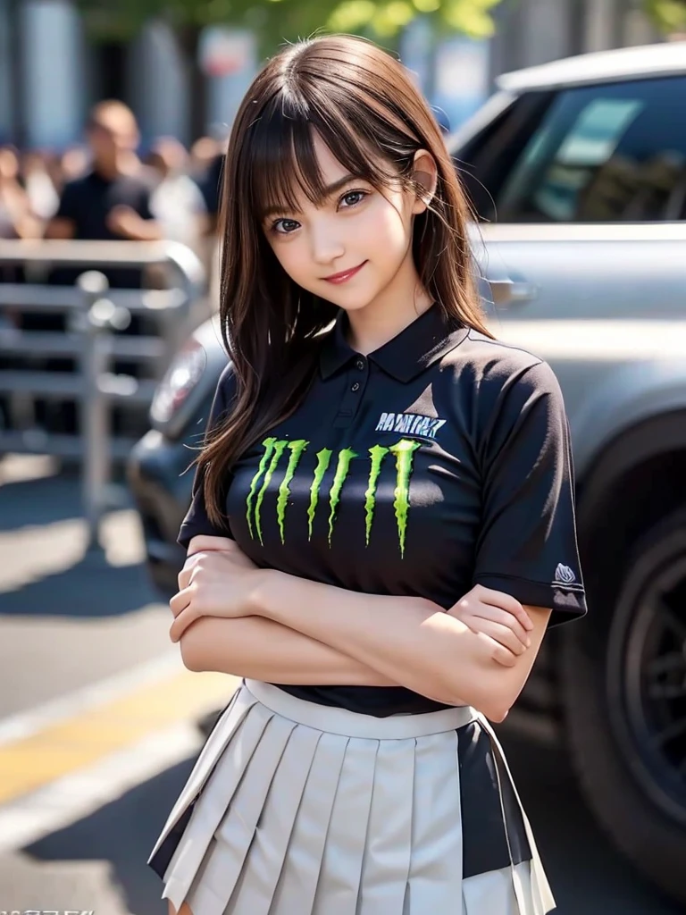 (8k, RAW Photos, Highest quality, masterpiece:1.2), (Realistic, photo-Realistic:1.4), (Highly detailed 8K wallpapers), ((Full Body Shot)), (1 girl), Sharp focus, Depth of written boundary, Cinematic lighting, Soft Light, 緻密な美しさのeye, eye_Chan, Very beautiful 17 year old girl, innocent big eyes, Realistic, photo Realistic, Highly detailed cute girl, (Thin thighs), (Model Body Type), 18-year-old, (((Monster Energy Yamaha MotoGP polo shirt))), ((Micro Mini Pleated Skirt)), (((Fold your arms in front of your chest and act arrogantly))), ((A happy smile)), Parted lips, Watching the audience, (On the streets of Britain) , (Brown Hair),(Long Bob Hair), (Asymmetrical bangs)