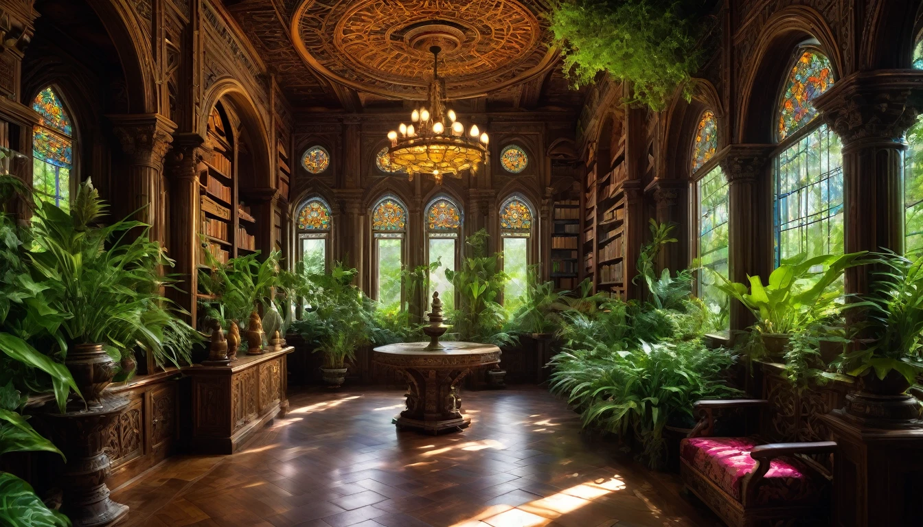 A DSLR photo, award-winning, with deep rich saturated colors and good contrast, shot with a Goerz Hypergon f/8 lens. An ancient mystical library with overgrown plants and exquisitely hyperdetailed laser-crafted stone and wood waterflows inside, bordering around awe inspiring walkways full of splendor and prowess. Sunrays create volumetric light, casting a magical glow throughout the space. The architecture blends motifs and styles from many cultures, featuring God-level hyperintricate carvings, stained-glass windows, sculptures, statues, furniture, and colorful tapestries. The scene exudes an otherworldly, dreamlike quality, with lush greenery intertwining with the old wooden bookshelves, and the serene sound of flowing water enhancing the tranquil atmosphere.