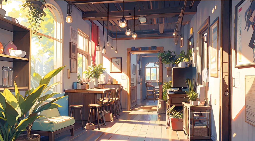 (masterpiece:1.2), best quality,Pixif,Warm animated scenes,cozy anime,indoor,Corridor leading to the door