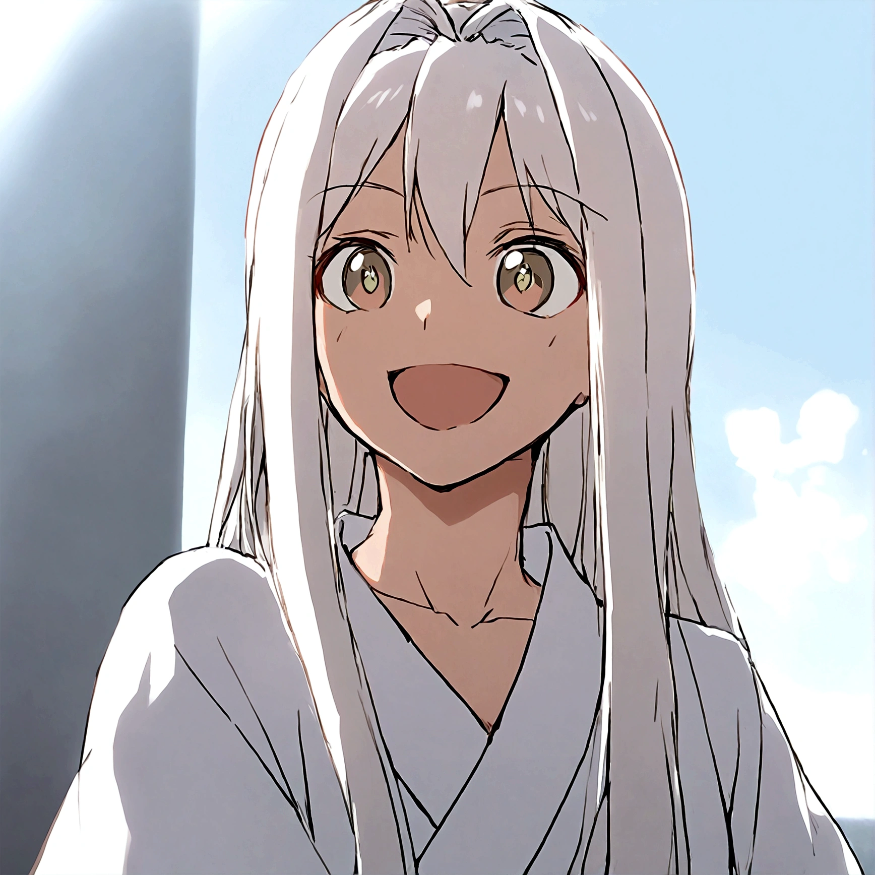 1boy,White hair,White shirt,Facing the audience,Smile,clavicle,Japanese clothes,Long hair,open mouth,solo