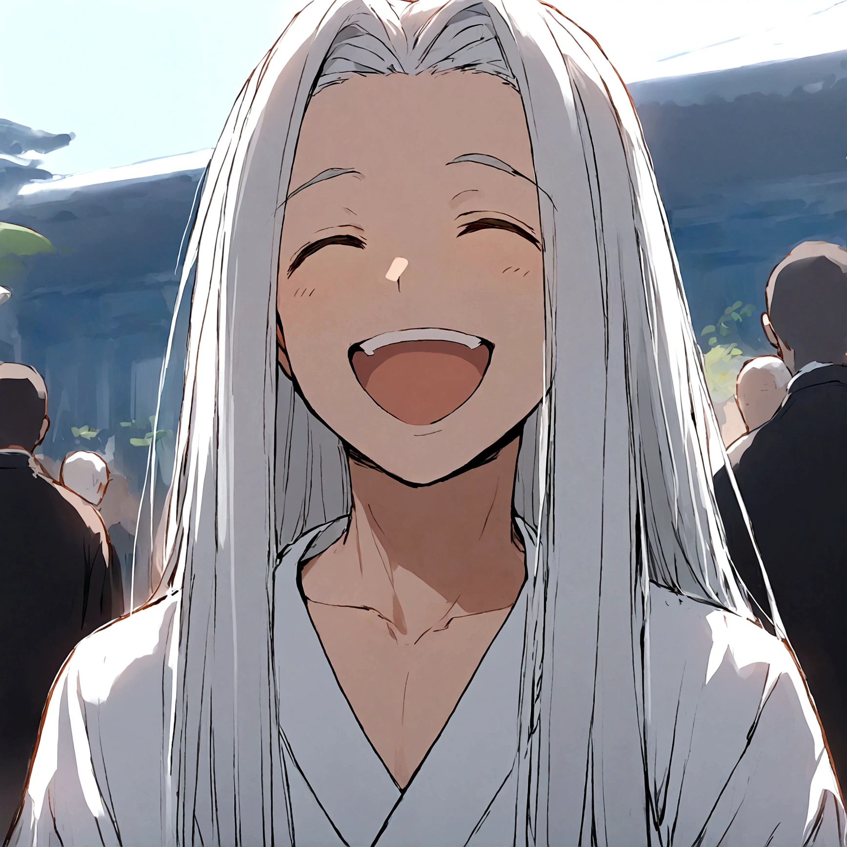 1boy，White hair，White shirt，Facing the audience，Smile，clavicle，Japanese clothes，Long hair，open mouth，solo
