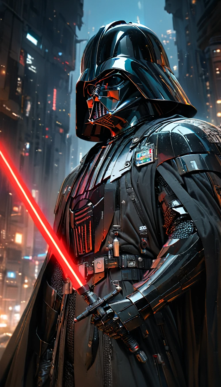 1boy,darth vader ,solo, Cyberpunk Style, (neon:1.2),masterpiece, intricate, highly detailed, majestic, digital photography, hdr, detailed cyberpunk background,bold eclectic styles, punk elements , holographic prints, metallic accents, man in Black_outfit,hood, hood_up, darth vader helmet,(cape:1.2),armor, shoulder armor, (denim:1.2), star wars, (night time),futuristic city,city street with neon signs and buildings on both sides of it at night time, holding  red light saber, broken arm, ,(photo, studio lighting, hard light, sony a7, 50 mm, matte skin, pores, colors, hyperdetailed, hyperrealistic),