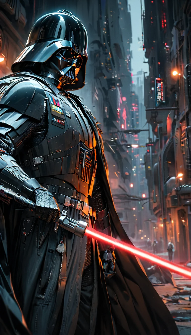 1boy,darth vader ,solo, Cyberpunk Style, (neon:1.2),masterpiece, intricate, highly detailed, majestic, digital photography, hdr, detailed cyberpunk background,bold eclectic styles, punk elements , holographic prints, metallic accents, man in Black_outfit,hood, hood_up, darth vader helmet,(cape:1.2),armor, shoulder armor, (denim:1.2), star wars, (night time),futuristic city,city street with neon signs and buildings on both sides of it at night time, holding  red light saber, broken arm, ,(photo, studio lighting, hard light, sony a7, 50 mm, matte skin, pores, colors, hyperdetailed, hyperrealistic),