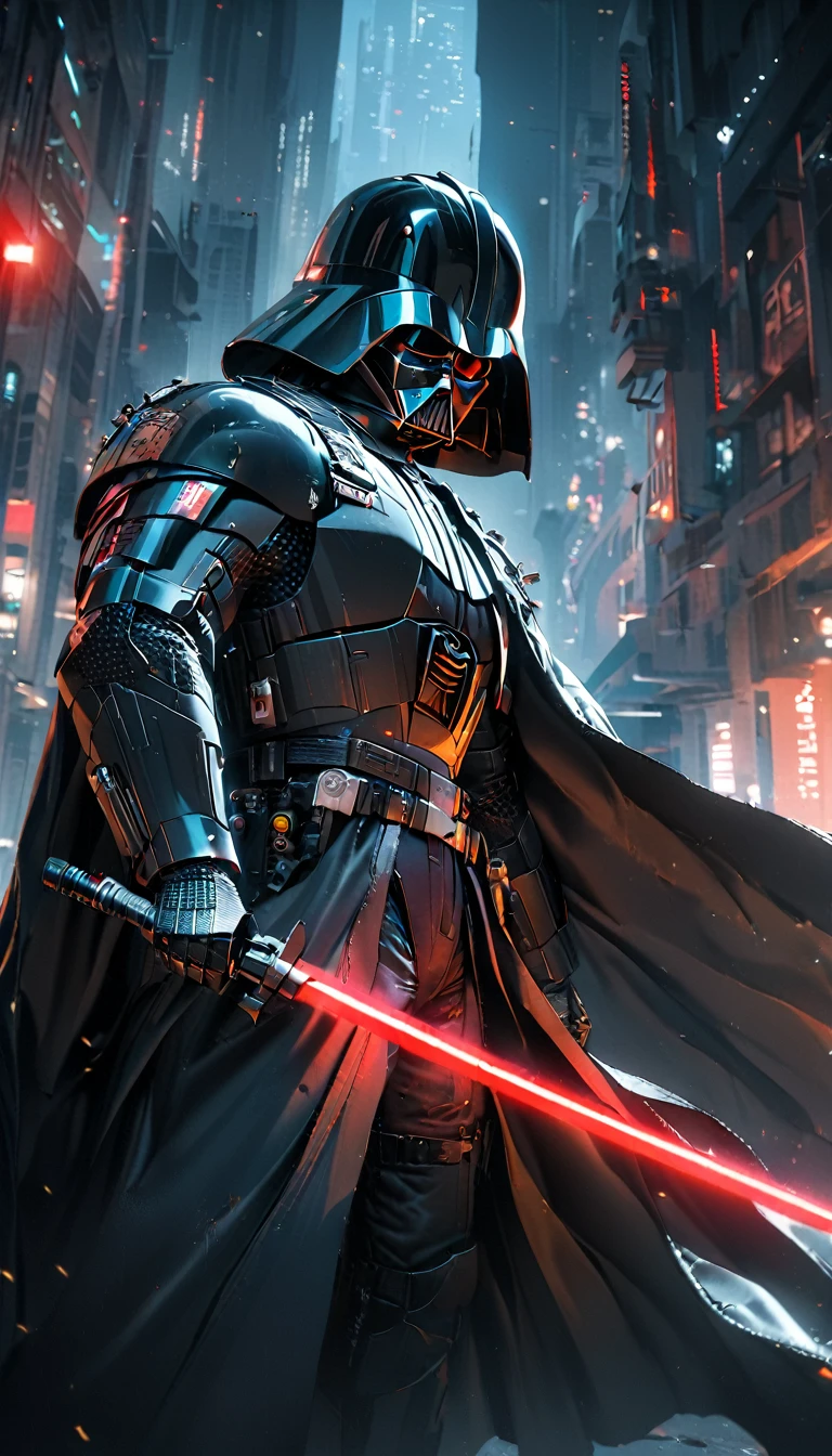 1boy,darth vader ,solo, Cyberpunk Style, (neon:1.2),masterpiece, intricate, highly detailed, majestic, digital photography, hdr, detailed cyberpunk background,bold eclectic styles, punk elements , holographic prints, metallic accents, man in Black_outfit,hood, hood_up, darth vader helmet,(cape:1.2),armor, shoulder armor, (denim:1.2), star wars, (night time),futuristic city,city street with neon signs and buildings on both sides of it at night time, holding red light saber, broken arm, ,(photo, studio lighting, hard light, sony a7, 50 mm, matte skin, pores, colors, hyperdetailed, hyperrealistic),
