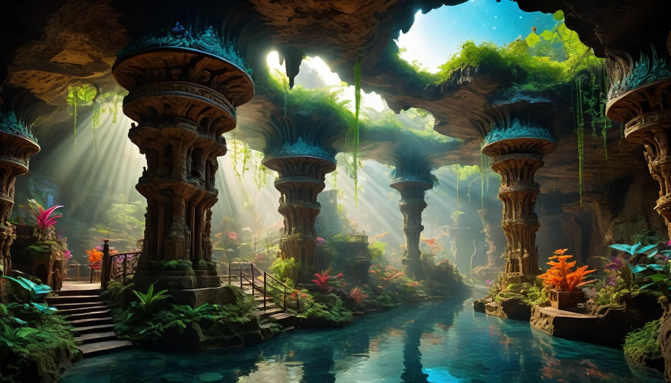 A DSLR photo, award-winning, with deep rich saturated colors and good contrast, shot with a Goerz Hypergon f/8 lens. A sprawling, ancient underground cavern, transformed into a mystical marketplace with bioluminescent plants and exquisitely hyperdetailed laser-crafted stone and wood pathways, winding through vibrant stalls full of exotic goods. Sunrays filter through crystalline formations in the cavern ceiling, creating volumetric light and casting a magical glow throughout the space. The architecture blends motifs and styles from many cultures, featuring God-level hyperintricate carvings, mosaic-tiled walls, sculptures, statues, and vibrant banners. The scene exudes an otherworldly, dreamlike quality, with glowing fungi and hanging vines intertwining with the intricate market structures, and the serene sound of subterranean streams enhancing the tranquil atmosphere.