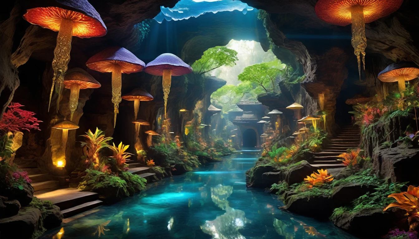 A DSLR photo, award-winning, with deep rich saturated colors and good contrast, shot with a Goerz Hypergon f/8 lens. A sprawling, ancient underground cavern, transformed into a mystical marketplace with bioluminescent plants and exquisitely hyperdetailed laser-crafted stone and wood pathways, winding through vibrant stalls full of exotic goods. Sunrays filter through crystalline formations in the cavern ceiling, creating volumetric light and casting a magical glow throughout the space. The architecture blends motifs and styles from many cultures, featuring God-level hyperintricate carvings, mosaic-tiled walls, sculptures, statues, and vibrant banners. The scene exudes an otherworldly, dreamlike quality, with glowing fungi and hanging vines intertwining with the intricate market structures, and the serene sound of subterranean streams enhancing the tranquil atmosphere.