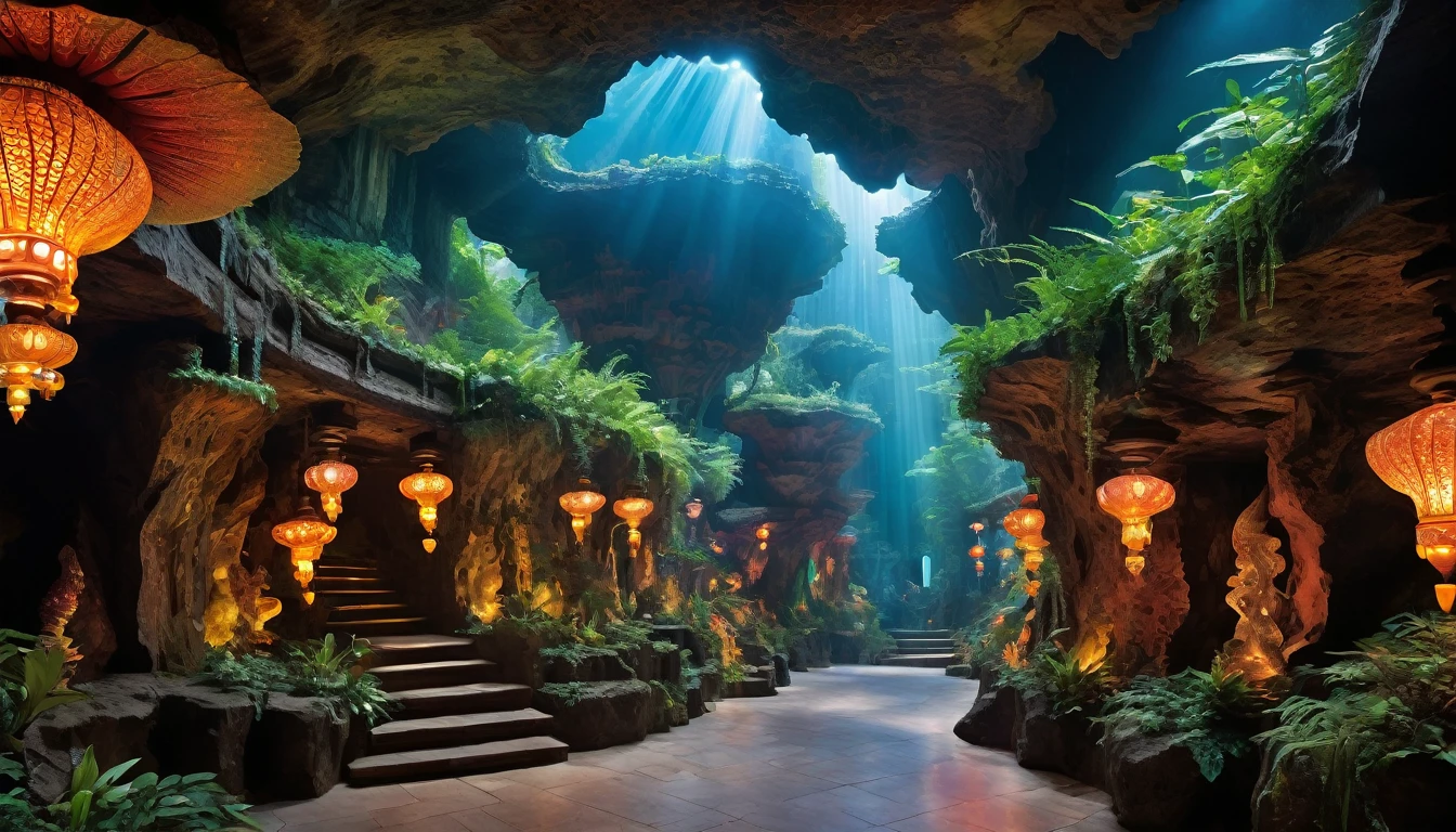 A DSLR photo, award-winning, with deep rich saturated colors and good contrast, shot with a Goerz Hypergon f/8 lens. A sprawling, ancient underground cavern, transformed into a mystical marketplace with bioluminescent plants and exquisitely hyperdetailed laser-crafted stone and wood pathways, winding through vibrant stalls full of exotic goods. Sunrays filter through crystalline formations in the cavern ceiling, creating volumetric light and casting a magical glow throughout the space. The architecture blends motifs and styles from many cultures, featuring God-level hyperintricate carvings, mosaic-tiled walls, sculptures, statues, and vibrant banners. The scene exudes an otherworldly, dreamlike quality, with glowing fungi and hanging vines intertwining with the intricate market structures, and the serene sound of subterranean streams enhancing the tranquil atmosphere.