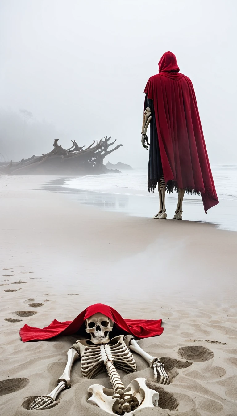 (Huge human bones lie on the sand), an eerie beach scene shrouded in fog. The bones are huge, weathered, and partially buried in the sand. In the foreground, a figure in a red cape stands with his back to the viewer, staring at the skeleton. The atmosphere is mysterious and surreal, and fog obscures the distant background.
