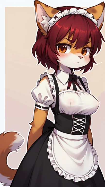 best quality, best resolution, (fluffy anthro furry), calico cat girl, maroon hair, short wavy hair, brown eyes, [[make the fur surrounding her right eye brown]], medium breast, tomboy manner, (maid outfit), standing, grumpy