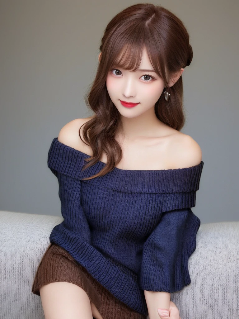 Tabletop, Highest quality, figure, Super detailed, In detail, High resolution, 8k wallpaper, Perfect dynamic composition, Beautiful attention to detail, (Brown off-the-shoulder knit sweater:1.8),(Plain navy blue micro mini skirt:1.8)、Medium Hair,Large breasts Natural color Lips, Bold sexy pose,smile,Harajuku、20-year-old girl、cute、sexy shot looking at camera