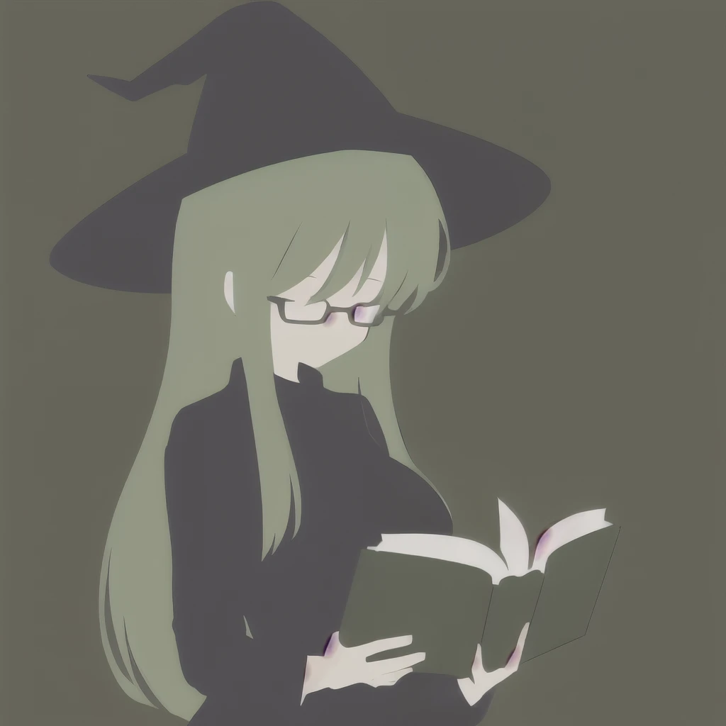 Anime Minimalist, One Girl, alone,Green Hair, Brown background, hair ornaments, librarian,Glasses,Have,Witch Hat,(Turned to the side:1.5),(Reading a book:1.3),(Big Breasts.1.7),(Huge breasts:1.1)